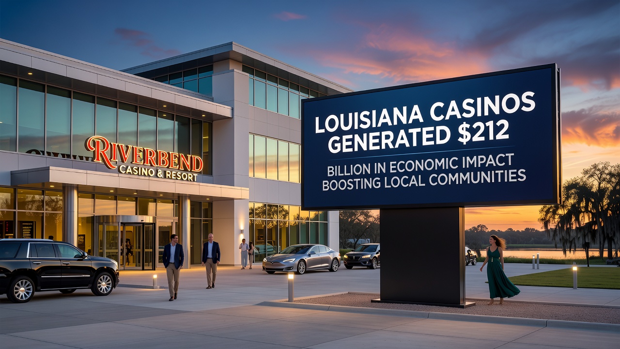 Sports betting lounge inside a Louisiana casino showing large screens and betting terminals
